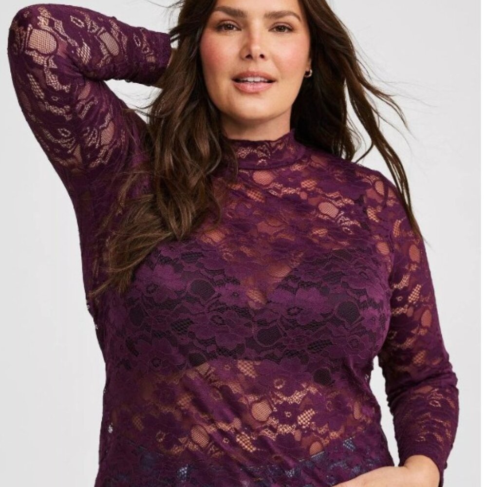 Torrid Sheer Lace Mock Neck Long Sleeve Top Plus Size: 1X (14/16)